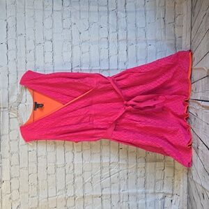 Lane Bryant Hot Pink Lace Sleeveless Faux Wrap A-Line Dress w/Orange Lining